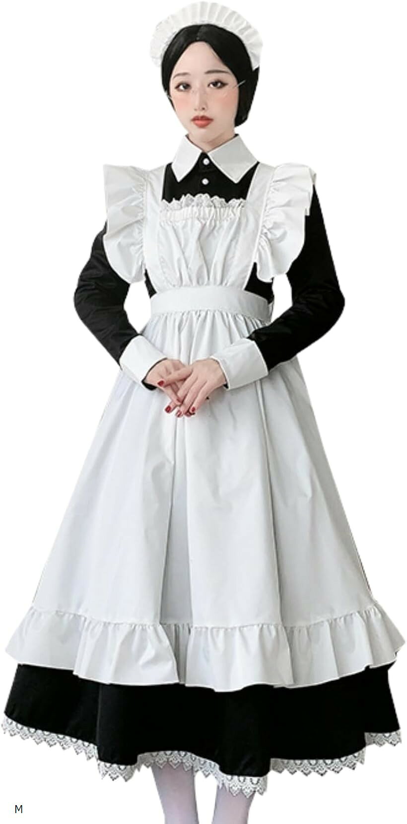 メイド服 ロング 長袖 コスプレ 英国風 文化祭 ハロウィン ロリータ 正統派 衣装 エプロン ドレス カチューシャ (ブラック, M)