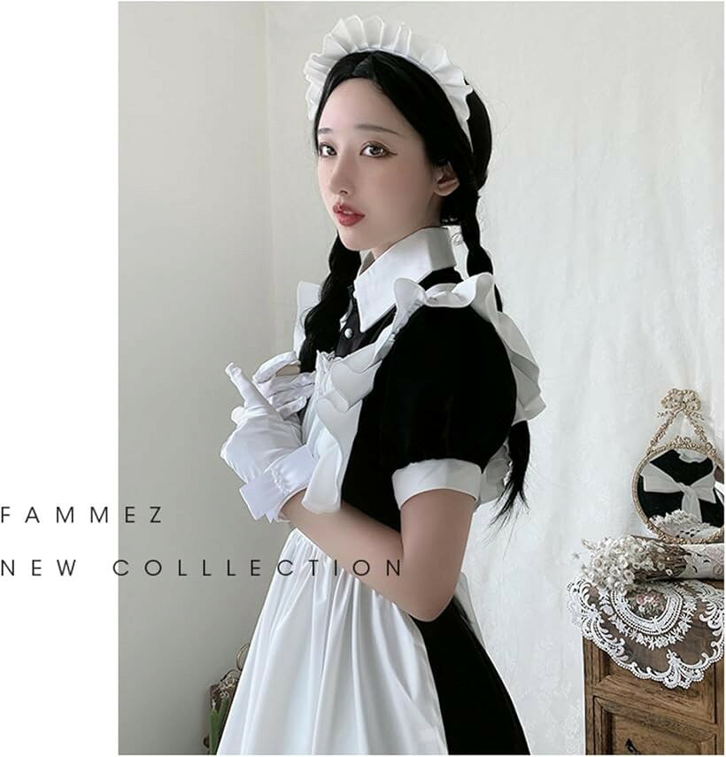ホリックのメイド服 ロング 長袖 コスプレ 英国風 文化祭 ハロウィン ロリータ 正統派 衣装 エプロン ドレス カチューシャ (ブラック, M)｜アングル3