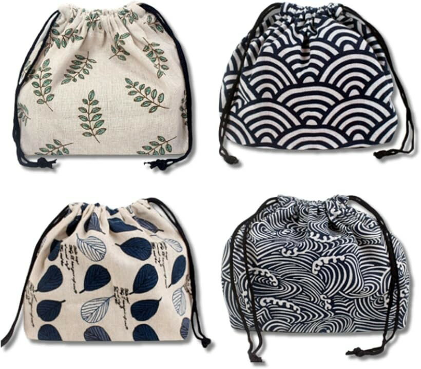 ランチバッグ 弁当箱 袋 お弁当 巾着 和柄 巾着袋 弁当入れ 4点セット (ホワイト)