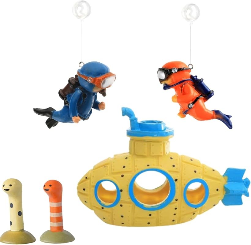 水槽 オブジェ アクアリウム 隠れ家 オーナメント インテリア 潜水艦 チンアナゴ2匹 ダイバー2人 (カラフル, チンアナゴx2（3cm、2cm、2cm）/潜水艦x1（12.5cm、6cm、8cm）/ダイバーx2（3.5cm、6cm）)