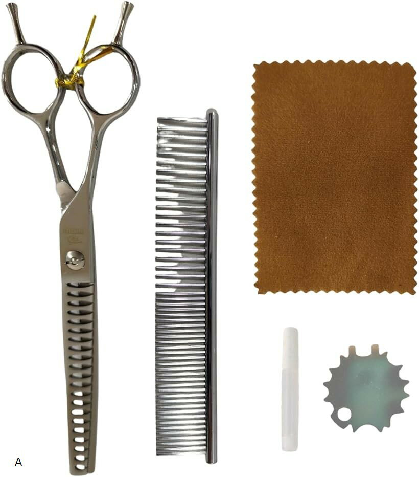 ペット はさみ トリミング カーブ ステンレス製 左右兼用 犬 猫 お手入れ用 コーム セット (A)