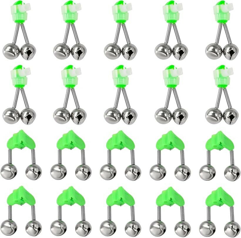 釣りベル 20個セット 緑 釣りアラーム 釣り鈴 ロッドアラーム用 スパイラルクランプ10個 標準クランプ1..
