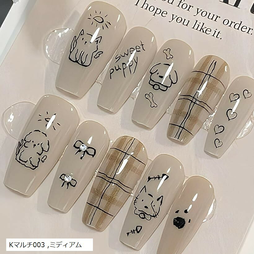 ネイルチップ 韓国 子供 ギャル ミディアム 付け爪 長い 可愛い バレリーナ コギャル 手作り (Kマルチ003, ミディアム)