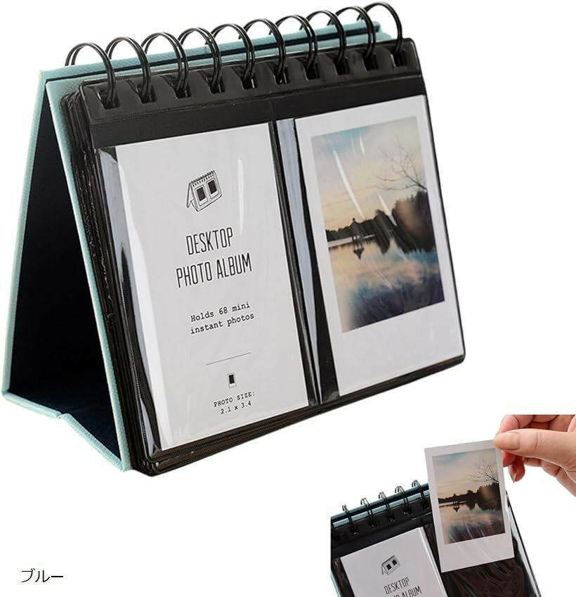 チェキ アルバム チェキ帳 チェキケース チェキファイル カード 卓上 ミニ スタンド instax mini (ブルー, 約134x129mm)