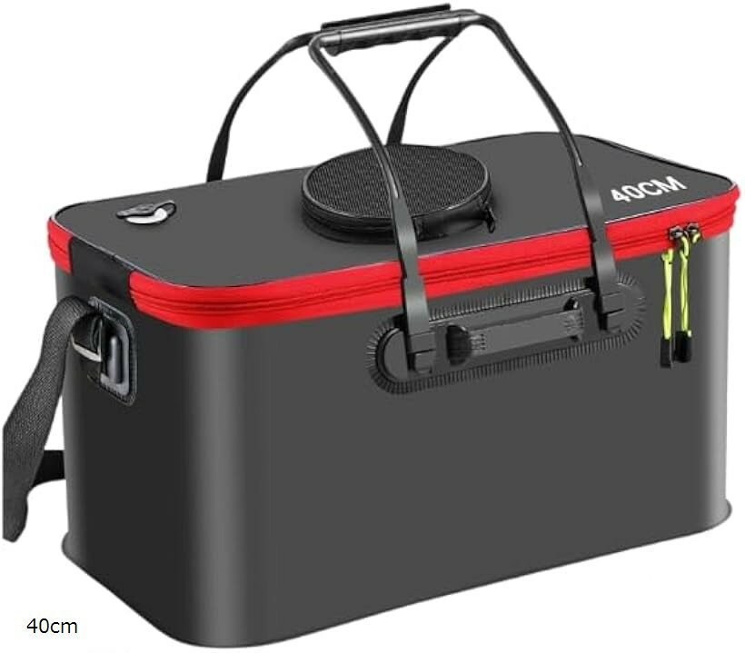 バッカン 折りたたみ式 自立式 水汲み 釣り バケツ 長い持ち手 EVA素材 釣り用 (ブラック, 40cm)