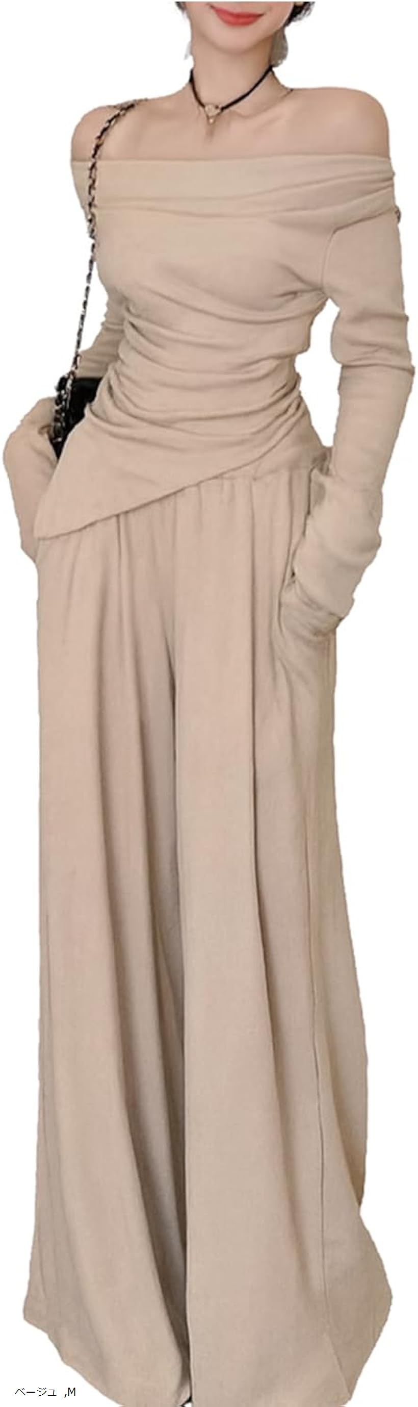 オフショル ニット セットアップ レディース パンツドレス 秋冬 オールインワン きれいめ ファッション ワイドパンツ ベージュ ツーピース 上下セット韓国風 服 オフィスカジュアル セーター お呼ばれ (ベージュ, M)