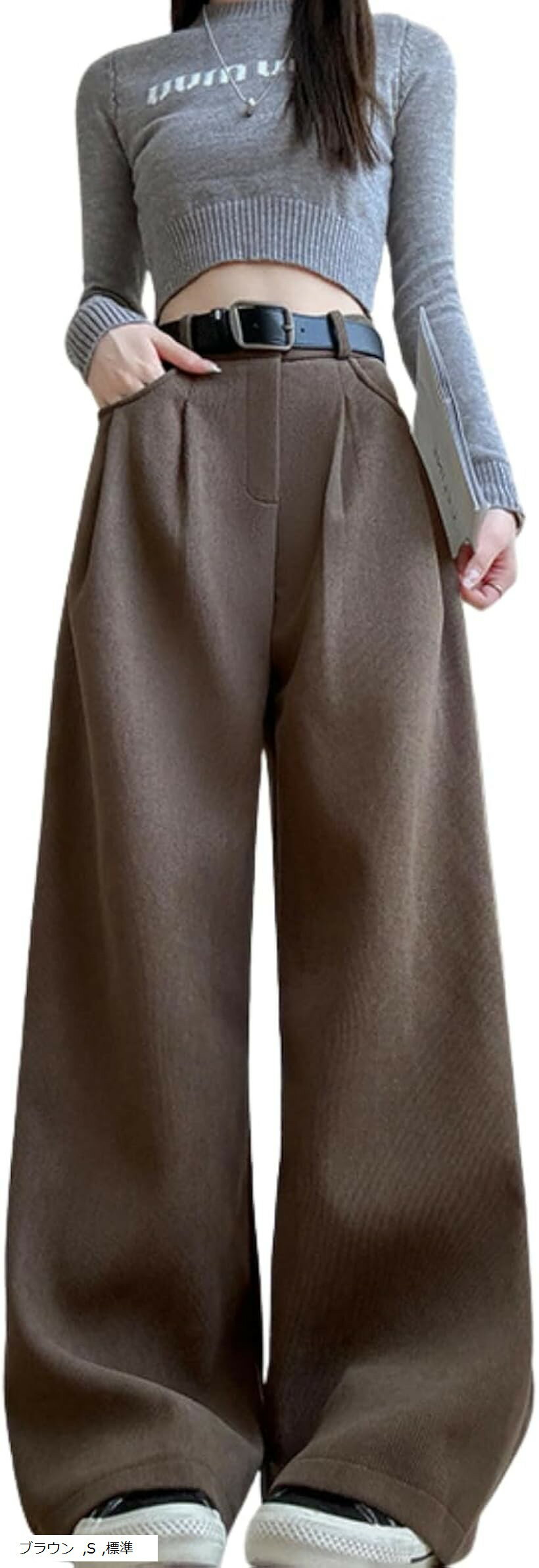 ワイドパンツ レディース 秋 冬 イージーパンツ ボトムス ズボン ウエストゴム 大きいサイズ コーデュロイ ロング タック ゆったり 無地 カジュアル ハイウエスト (ブラウン, S)