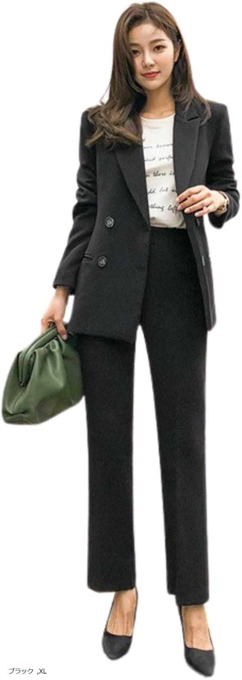 パンツスーツ ダブルブレステッド ストレート 細身 セットアップ ビジネス フォーマル レディース センタープレス ジャケット BB086-BK-XL (ブラック, XL)