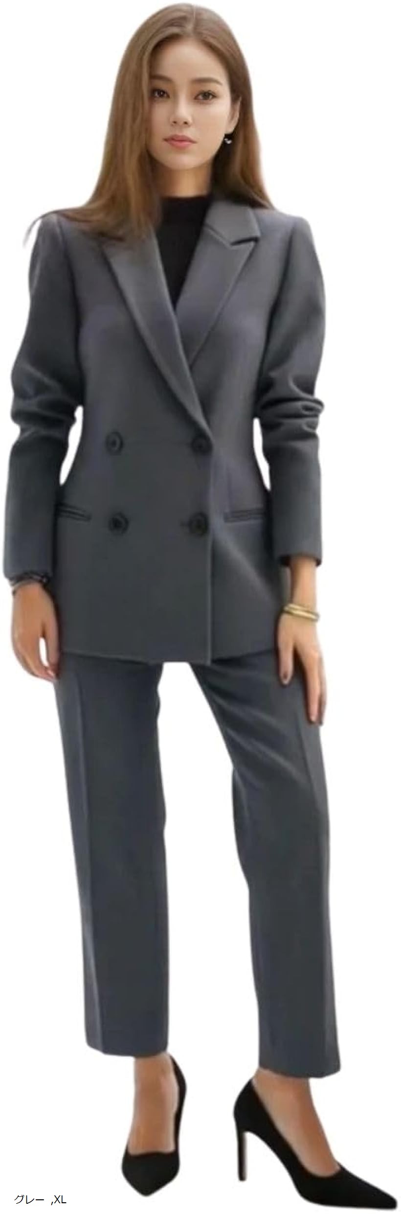 パンツスーツ ダブルブレステッド ストレート 細身 セットアップ ビジネス フォーマル レディース センタープレス ジャケット BB086-GY-XL (グレー, XL)