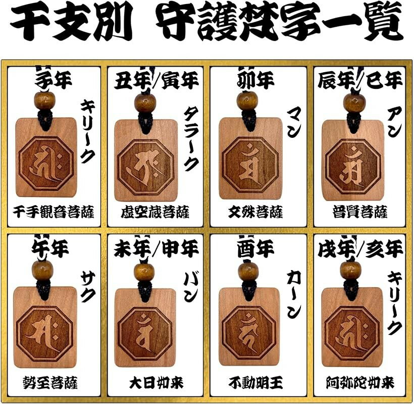 守護梵字木札守 干支別 国産桜使用木札ネックレス お寺 仏教 職人手仕上げ 日本産 (タラーク 「丑・寅年」, 40x31mm)