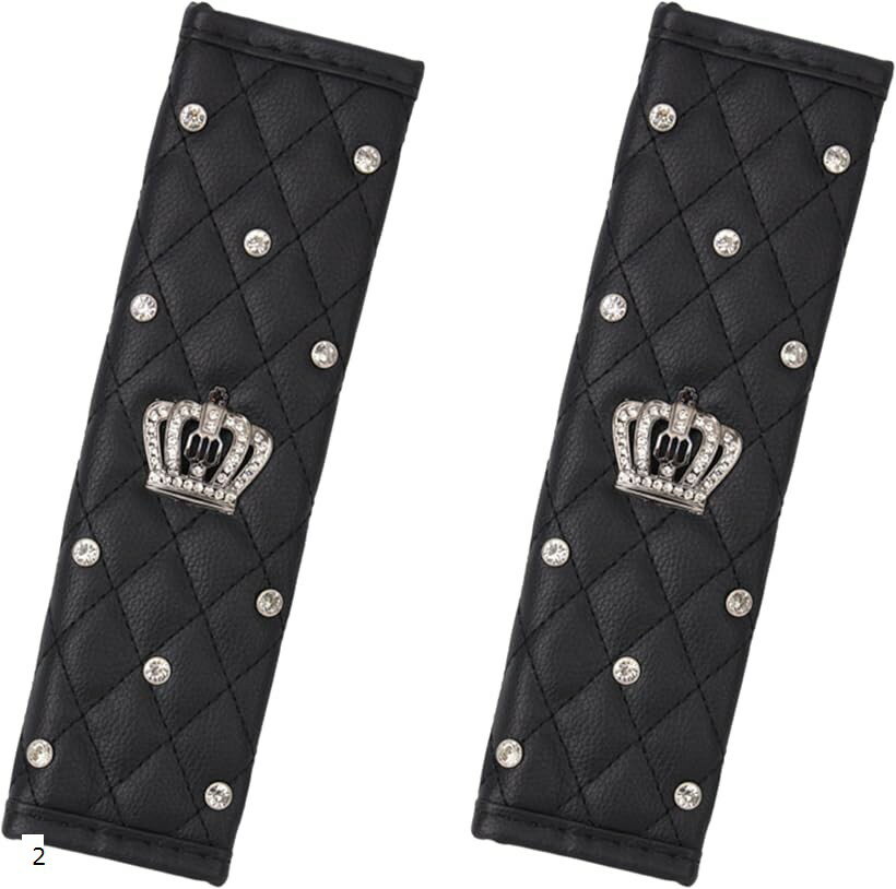 シートベルトカバー キルティングPUレザー ラインストーン 王冠 クラウン エンブレム 面ファスナー 国..