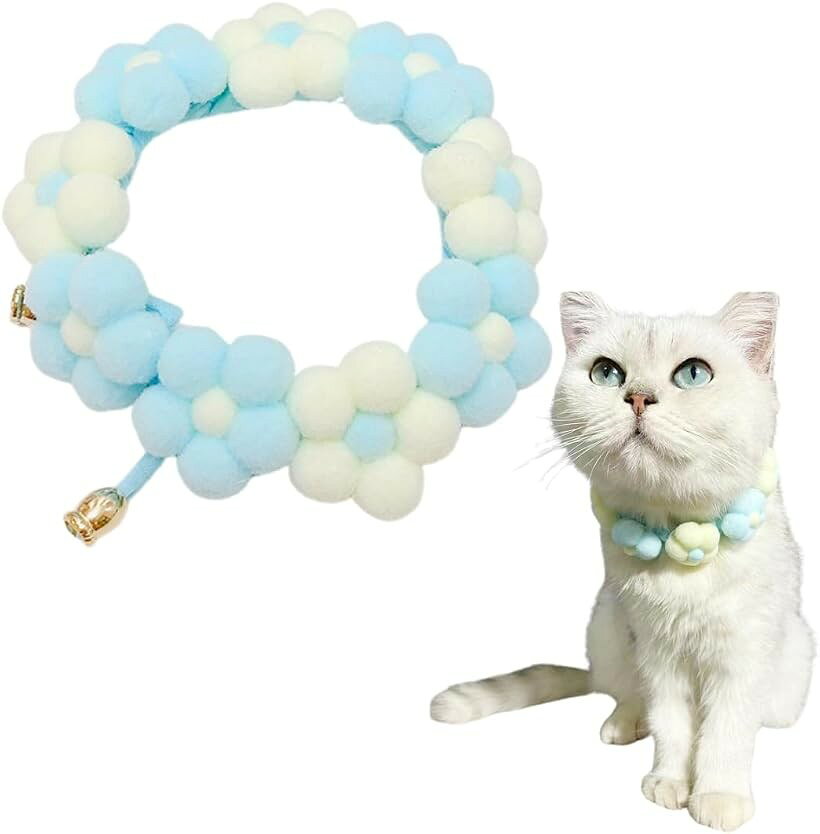 猫 首輪 シュシュ 花柄 可愛い リボン ふわふわ 犬 ポンポン ソフト おしゃれ ペット (ブルー, XS)