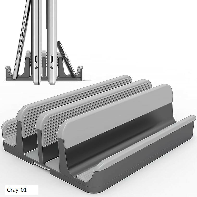 2025年新型 全面シリコン保護＆六角レンチ収納付き 調整可能な幅 アルミ製4in1ノートパソコンスタンド 360°無死角保護・冷却機能・縦置き対応 MacBook/Surface/iPad/スマホ 多デバイス対応 (Gray-01)