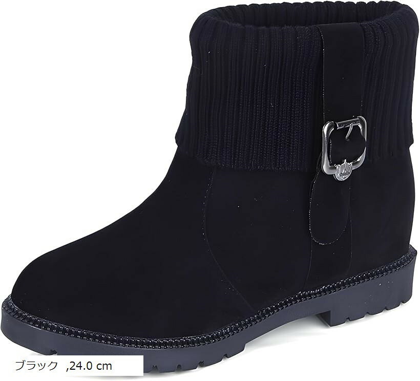 歩きやすい ローヒール ニット ショートブーツ レディース ボア フラット (ブラック, 24.0 cm)