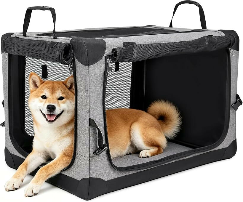 折りたたみペットケージ 犬ケージ 犬用クレート 猫用キャリー・カート 持ち手付き 犬猫兼用 折りたたみ簡単 室内休憩 アウトドア 病院 キャンプ (グレー, L)