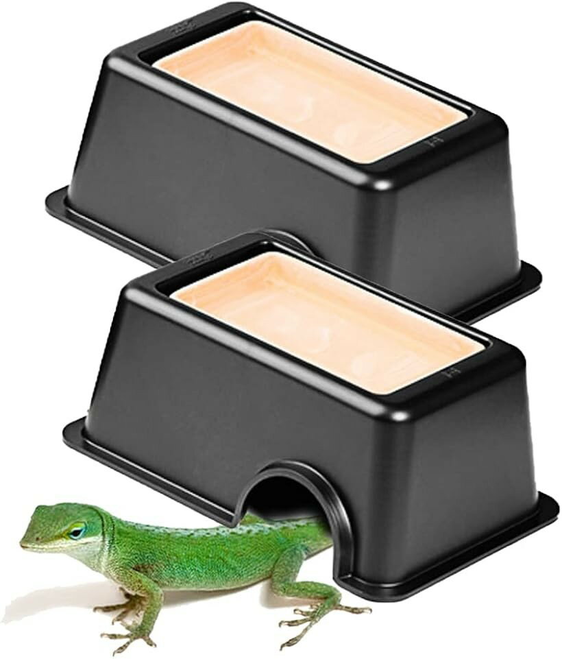 爬虫類用 シェルター ウェットシェルター 隠れ家 洞窟 穴 両生類 飼育 保湿 ハイドロボックス 陶器皿 2個セット (ブラック)