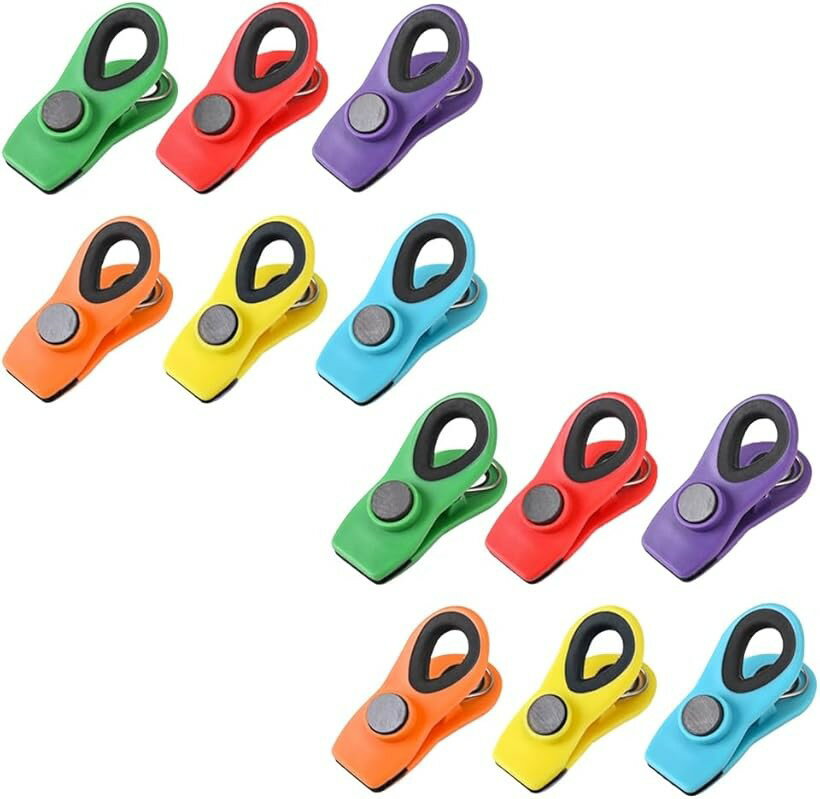 袋止めクリップ 強力マグネット付き 食品保存 鮮度キープ 密封 酸化防止 カラフル 12個セット (緑， 赤..