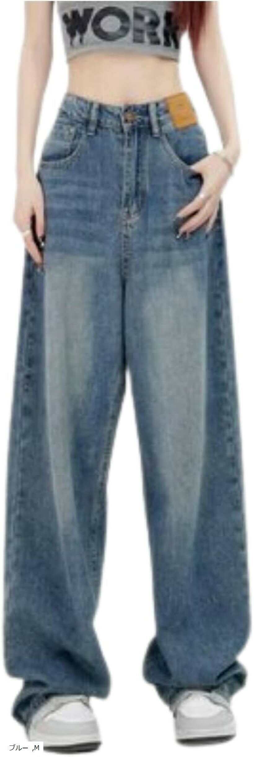 デニム 体型カバー ワイドパンツ レディース ハイウエスト バギー ジーンズ ワイドジーンズ 脚長 jeans 美脚 小尻見え ユッタリ 春秋 薄手 大きいサイズ 低身長 ウエストゆるめ ズボン (ブルー, M)