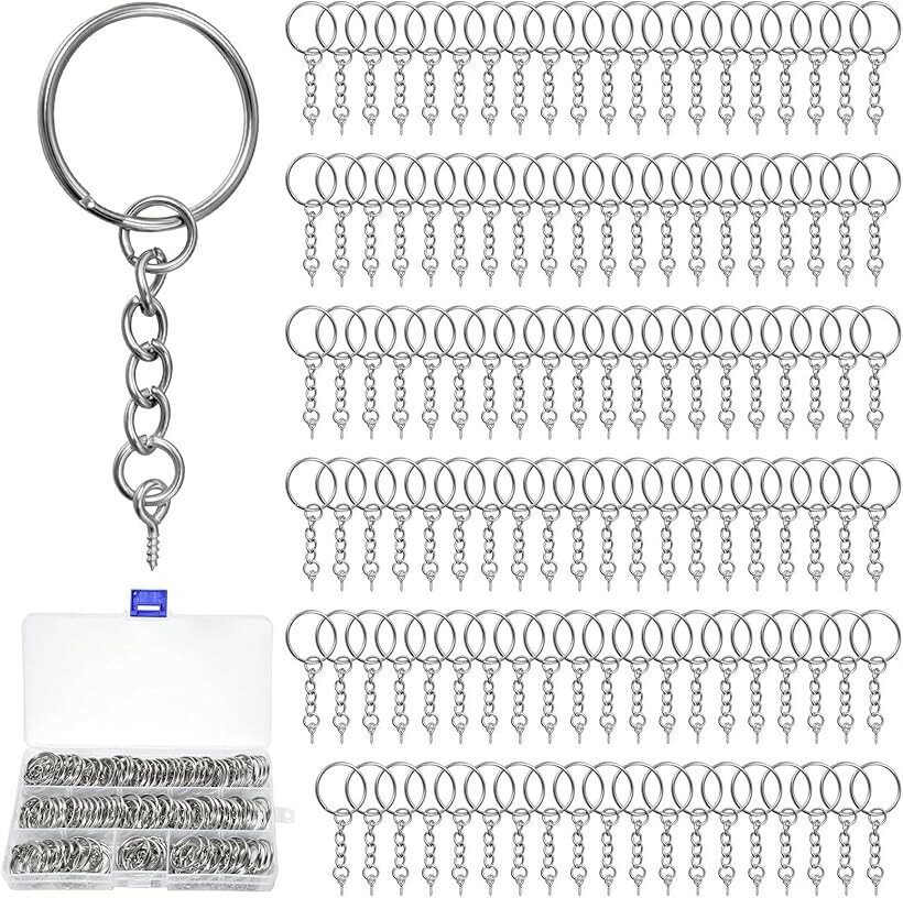 120個セット キーホルダー チェーン リング開け 平キーリング アクセサリーパーツ アイピンフック 丸カン付き 錆びにくい 25mm径 シルバー 手芸 DIY 金具 手作り (シルバー)