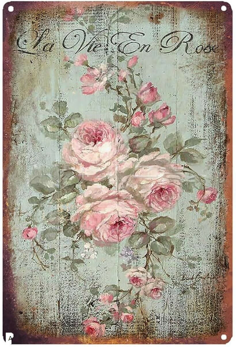 ブリキ看板 ガーデニング バラ 薔薇 花 お花 アメリカン 雑貨 ウォールフラワー アンティーク (A, 横20cmx縦30cm)
