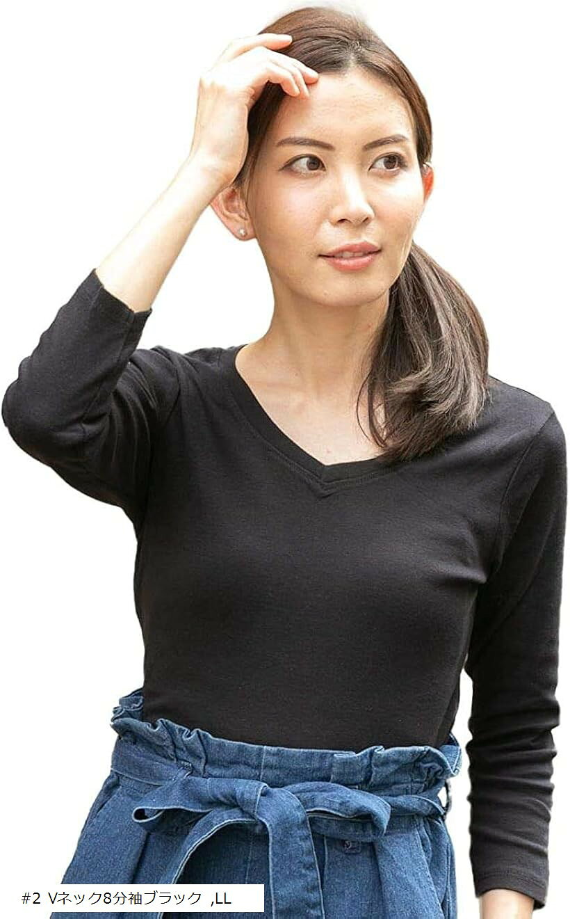 アスペルシオ コットン フライス 長袖 Tシャツ レディース (#2 Vネック8分袖ブラック, LL)(4.0)