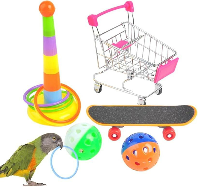 インコ おもちゃ 鳥 バードトイ 知育玩具 遊び道具 オウム スケボー カート ボール 輪投げ (フリー)