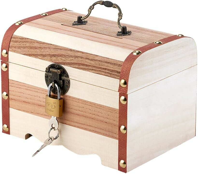 貯金箱 宝箱 鍵付き 南京錠 札 小銭 おしゃれ インテリア アンティーク 小物入れ 収納 木製 (ホワイト,..