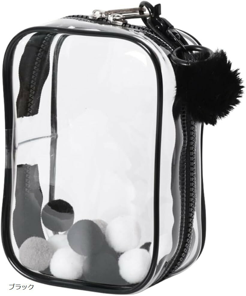 ぬいポーチ ケース 10cm ぬいぐるみ 痛バッグ 推し活 透明 クリア ポンポンボール付き (ブラック)