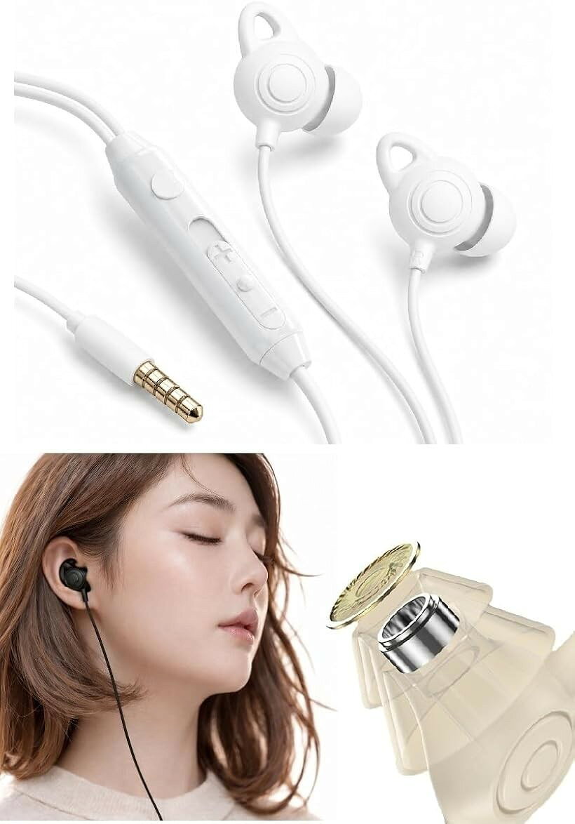 寝ホン 睡眠用イヤホン 有線 asmr 寝ながらでも 耳が痛くならない 超軽量 超快適 超柔軟 シリコン製 音量調整 絡み防止 外れにくい (ホワイト, 3.5mmジャック)