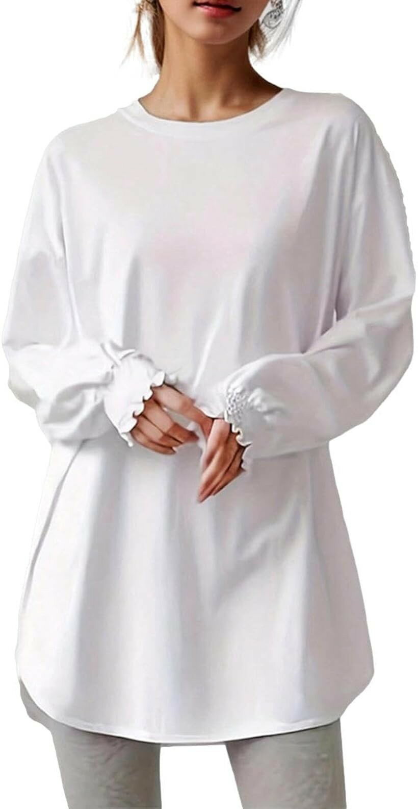 ロンティー レディース 長袖 Tシャツ トップス ゆったり 重ね着 袖フリル カットソー クルーネック ティーシャツ チュニック ロンT 家着 普段着 パジャマ マタニティ 通勤 旅行 (ホワイト, Free Size)