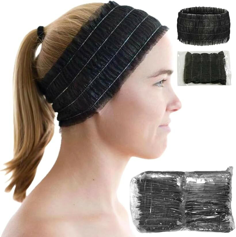 ヘアバンド 使い捨て 個包装 ヘアキャップ 100枚 ヘアターバン ヘッドバンド 不織布 洗顔 化粧 大容量 業務用 (Black)
