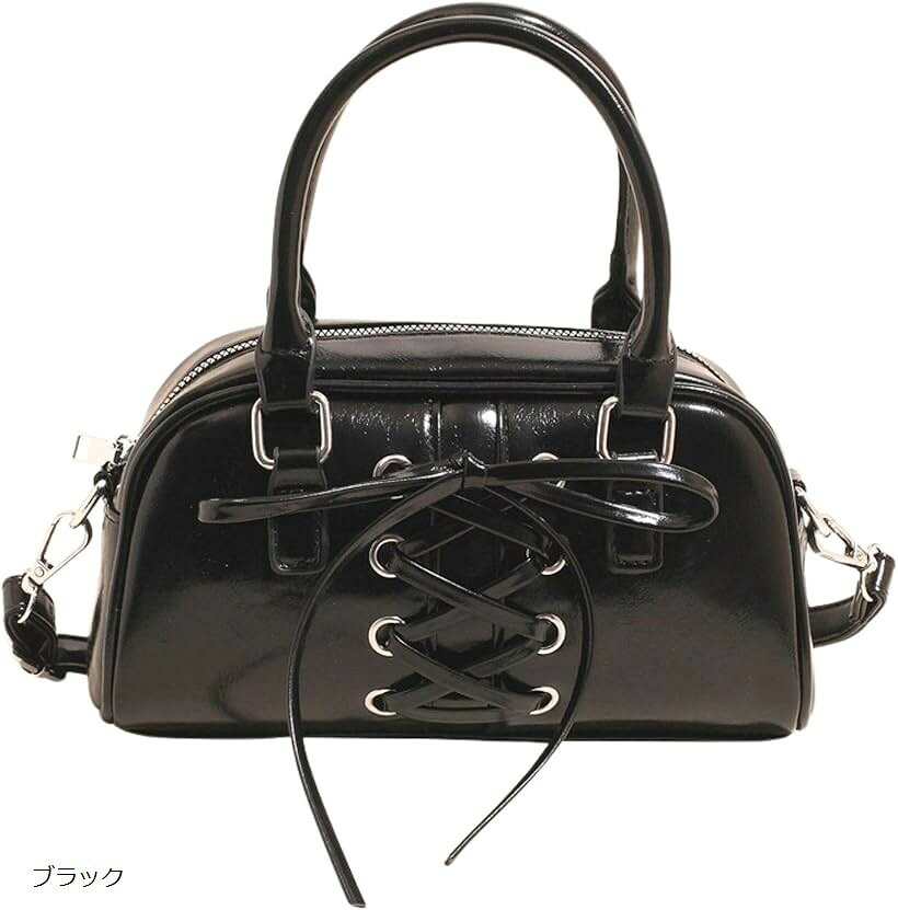 ミニボストンバッグ レディース ショルダー バック ショルダーバッグ ハンドバッグ 2WAY 小さめ 肩掛け 斜めがけ 横長ボストン 幅広 韓国 トレンド リボン レザー調 かばん 鞄 おしゃれ かわいい (ブラック, Free Size)(4.0)