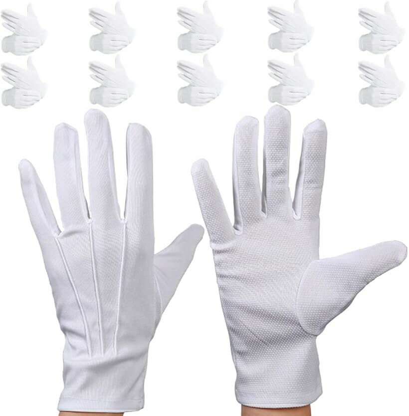 【楽天ランキング1位入賞】手袋 滑り止め付き フォーマル 無地 薄手 汗吸収 ナイロン バス タクシー 運転手 運転士 選挙 警備用 式典 作業 ホテルマン (ホワイト, 10組)