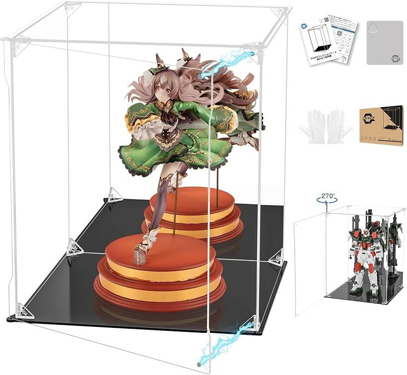 集物盒 - フィギュアケース UVカット アクリルケース マグネット付き 前扉 コレクションケース ディスプレイケース ショーケース 組み立て式 防汚れ 手袋 クリーニングクロス付き (台座黒+背面ミラー, 幅30x奥行30x高さ35cm)