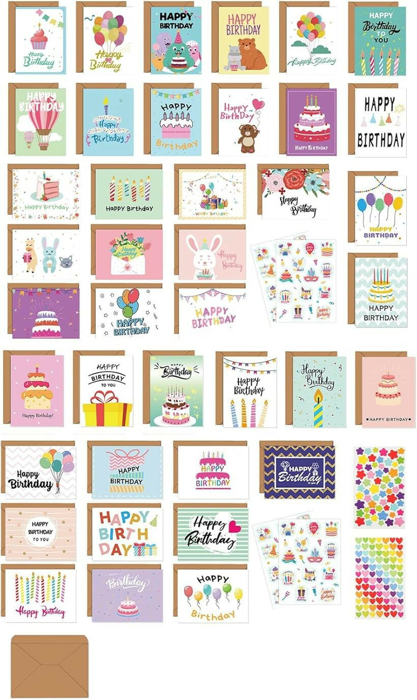 グリーティングカード 誕生日 かわいいみんな笑顔になるミニバースデーカード封筒 シール付き40セット ..