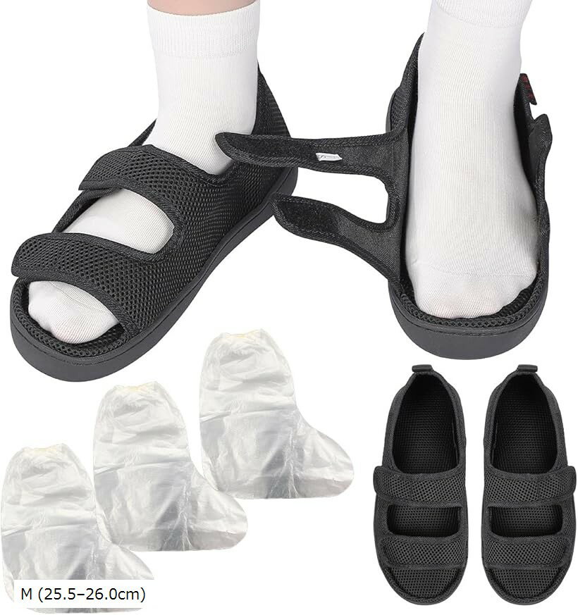 ギプス シューズ リカバリー 介護 サンダル 入院 靴 骨折 防水カバー セット (ブラック, M (25.5–26.0cm))