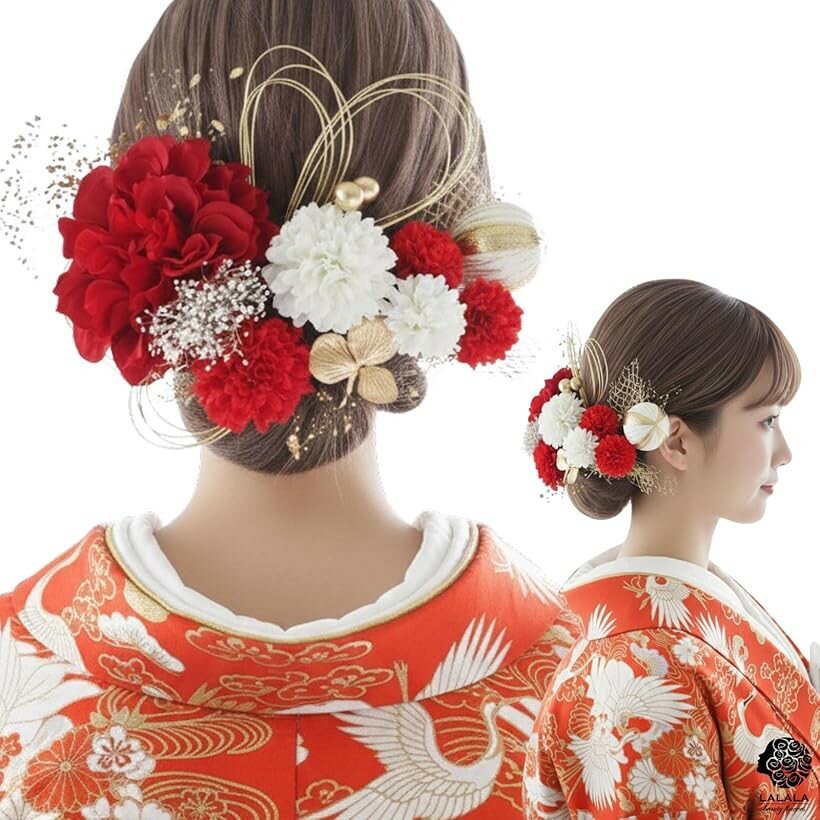 成人式・卒業式にぴったりの華やか髪飾り 和装小物 七五三 結婚式 入学式 花火大会 浴衣 着物 袴 振袖 (レッド［3111］)