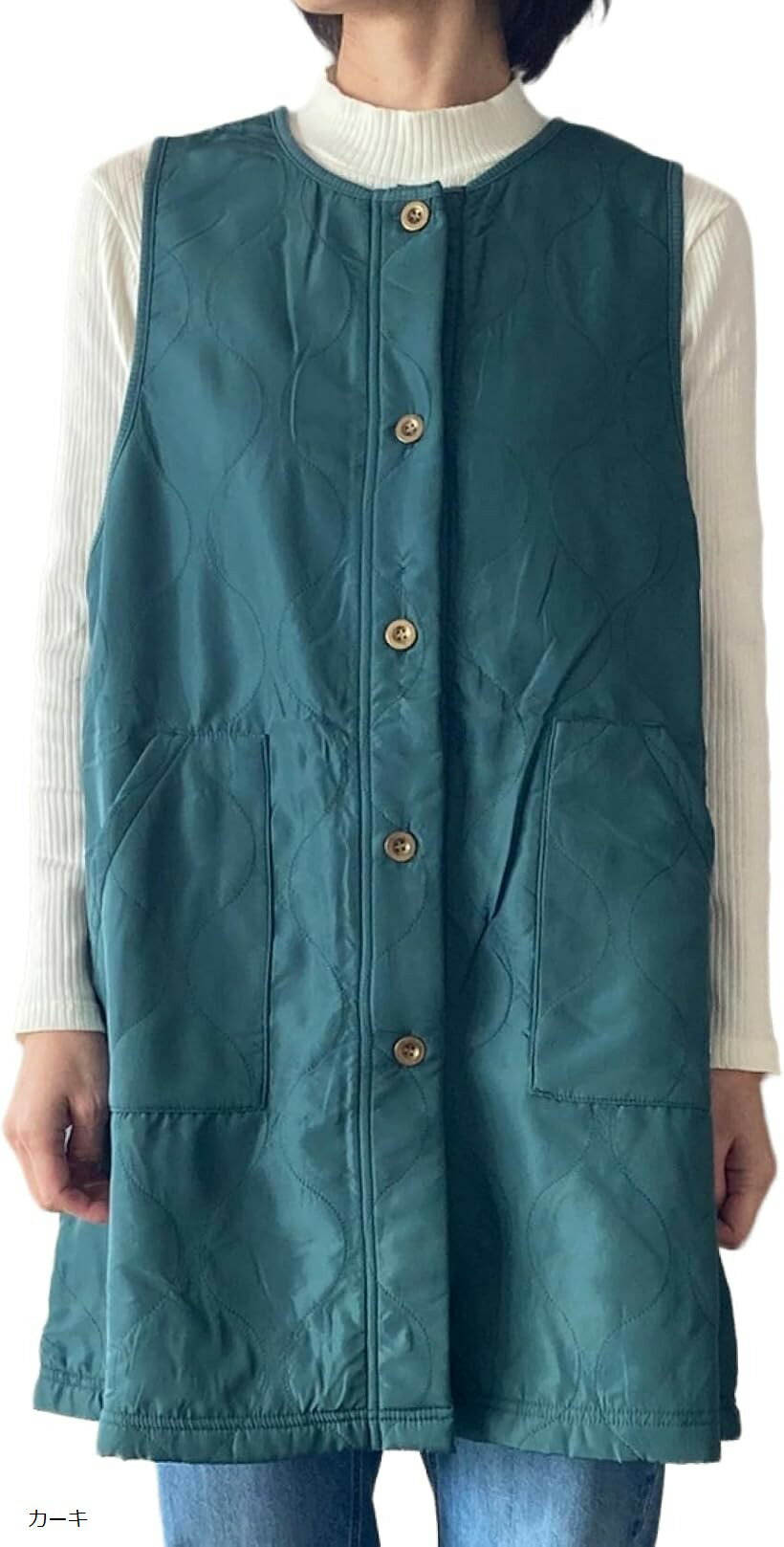 エプロン 冬 暖かい レディース 前開き 保育士 撥水 キルト (カーキ)