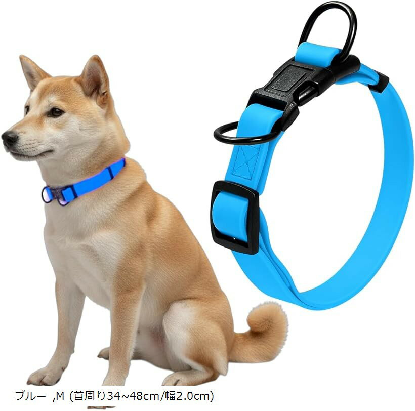 犬 首輪 ダブルリング 首周り42～63cm 幅2.5cm 中型犬 大型犬 PVC 犬用 防水 防汚 アウトドア (ブルー, M (首周り34～48cm/幅2.0cm))