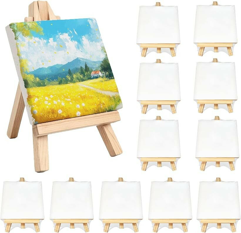 【楽天ランキング1位入賞】キャンバスボード 正方形 12個セット ミニキャンバス イーゼル付き 練習用 初心者向け (張りキャンバス イーゼル付き, 10cmx10cm)