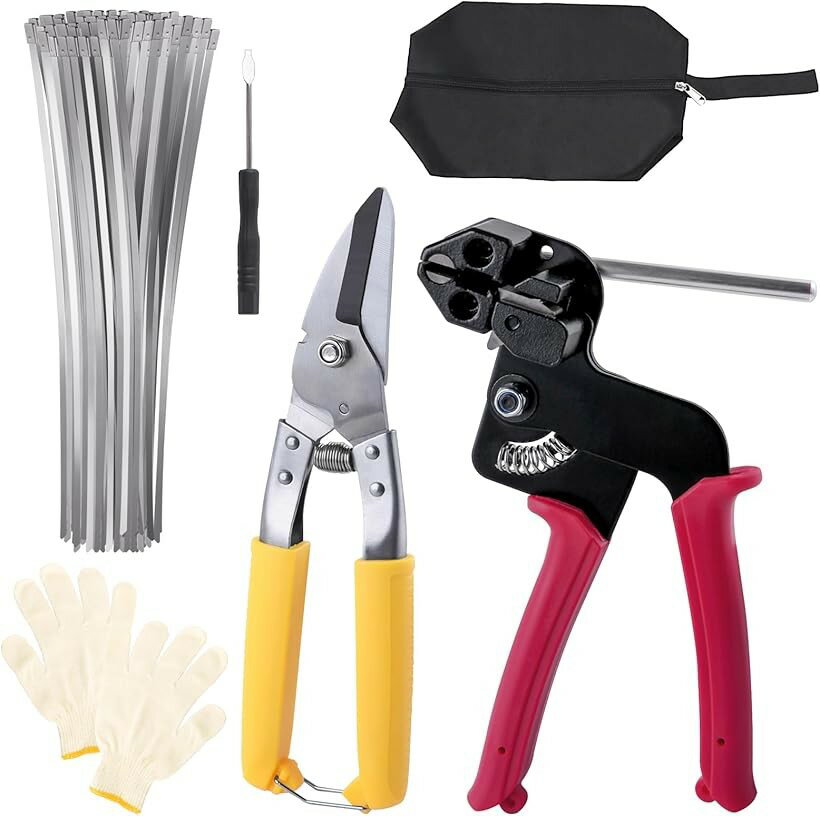 ケーブルタイガン メタルタイラップガンキット 金属製ジップタイ工具キット ステンレスバンド結束工具 金属バンド 捆扎 引き締め 切断 片手で操作 (レッド ブラック, 330mm)