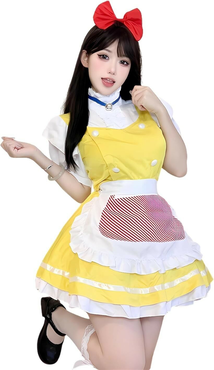 Other - メイド服 コスプレ 衣装 黄色 フルセット エプロン リボン 鈴 カチューシャ付き 仮装 ハロウィン 可愛い レディース (イエロー, M)