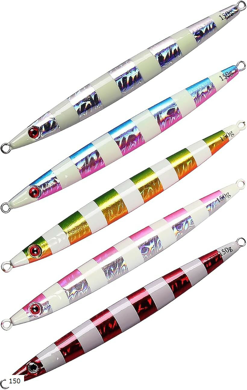 深海 魚 釣り ロング メタル ジグ 3D レーザー コーティング ルアー 5本セット (赤・水色ピンク・金・銀・ピンク, 150g)
