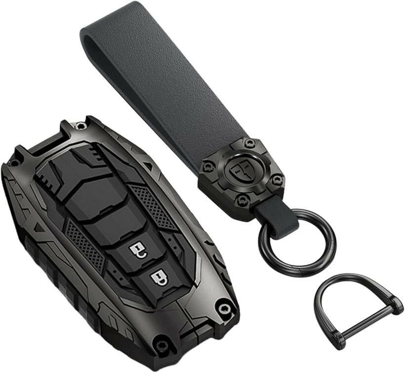 トヨタ互換 スマートキーカバー Fタイプ 亜鉛合金製ハードフレーム x 軟質シリコン 蓄光タイプ 電波スルー構造 落下防止 ストラップ付き キーケース 耐衝撃 カスタム パーツ (2ボタン， ブラック)