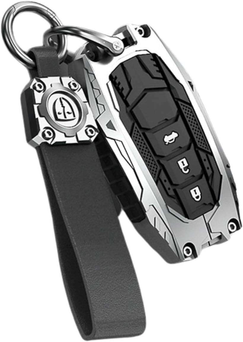 トヨタ互換 スマートキーカバー Fタイプ 亜鉛合金製ハードフレーム x 軟質シリコン 蓄光タイプ 電波スルー構造 落下防止 ストラップ付き キーケース 耐衝撃 カスタム パーツ (3ボタン， シルバー)