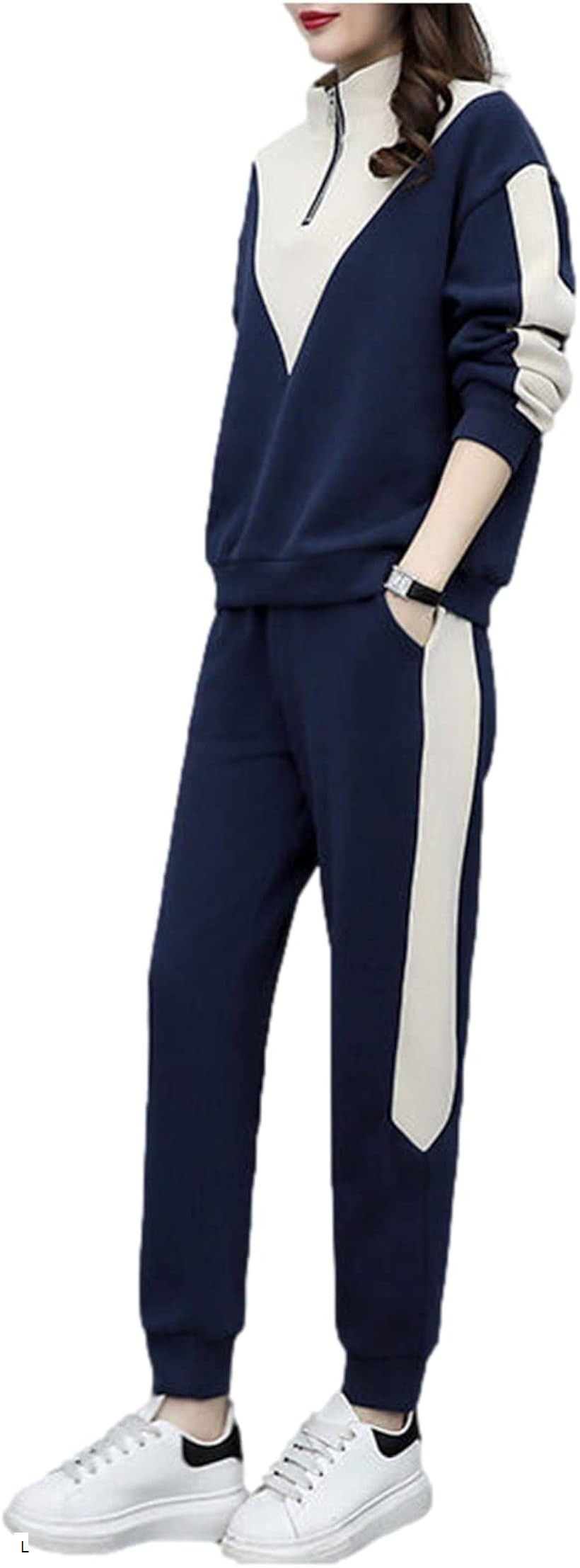 ジーティアモ 裏起毛 ジャージ 上下 セット ルーム ウェア セットアップ レディース スポーツ フィットネス ウエア (ネイビー, L)