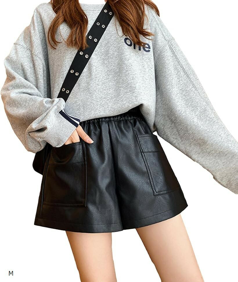 レディース ショートパンツ フェイクレザー Aライン ハイウエスト カジュアル 韓国 ポケット ウエストゴム ボトムス 美脚 キュロット ホットパンツ 裏地 付き 黒 ブラック シンプル 大人 ゆったり 秋 冬 可愛い (ブラック, M)