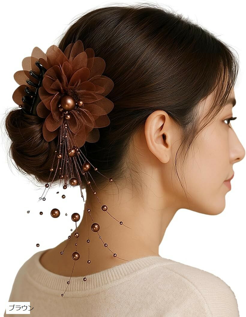 ネット バレッタ シニヨン おだんごバレッタ リボン 3Dリボン ブラックヘアアクセサリー シンプル ヘアクリップ フラワークリップ 髪飾り レディース 花 まとめ髪 (ブラウン)