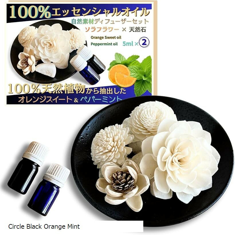 天然エッセンシャルアロマオイル2本付き ディフューザーセット 国産アロマストーン ソラフラワー 100％精油ペパーミント/オレンジスイート各5ml インテリア雑貨 (サークルブラック)