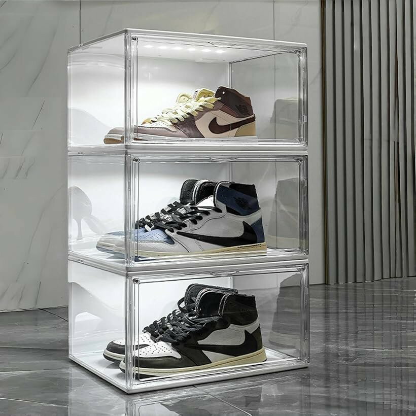 シューズボックス LEDライト マグネット式扉 透明シューズケース アクリルケース スニーカーボック ...